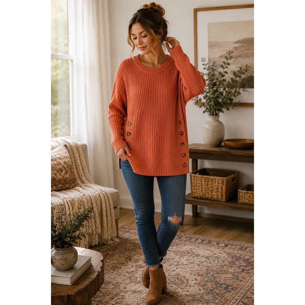 Ingrid & Isabel Sweater Womens M Rust Waffle Knit Side Button Tunic